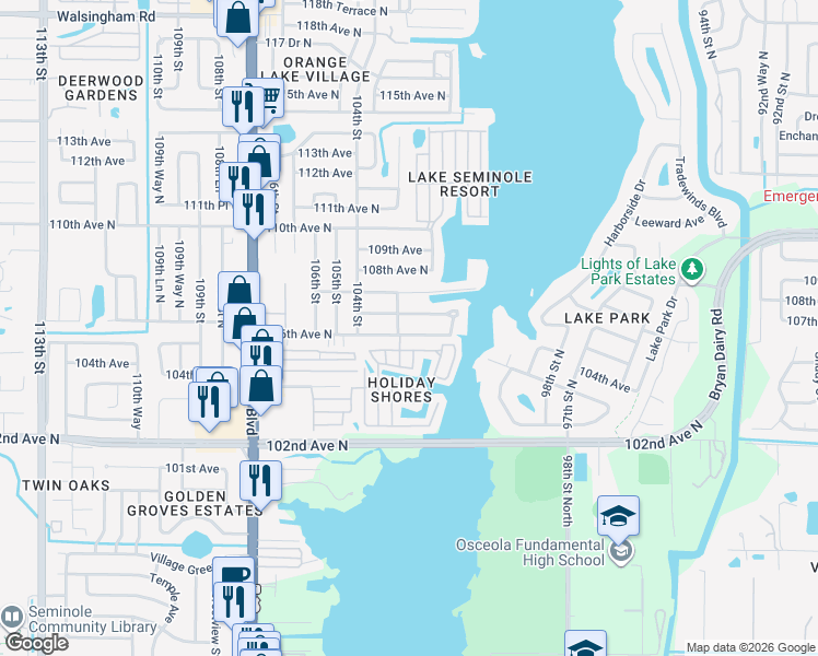 map of restaurants, bars, coffee shops, grocery stores, and more near 10277 106th Avenue in Largo