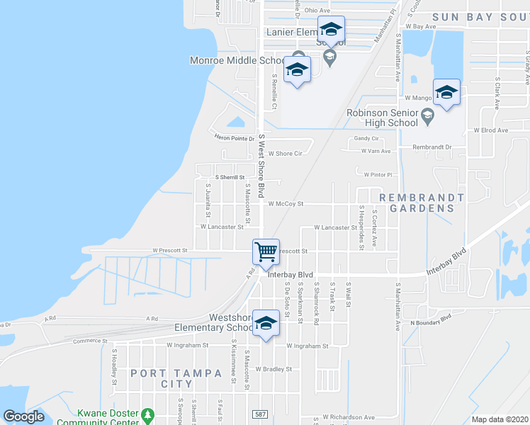 map of restaurants, bars, coffee shops, grocery stores, and more near 6706 South Westshore Boulevard in Tampa
