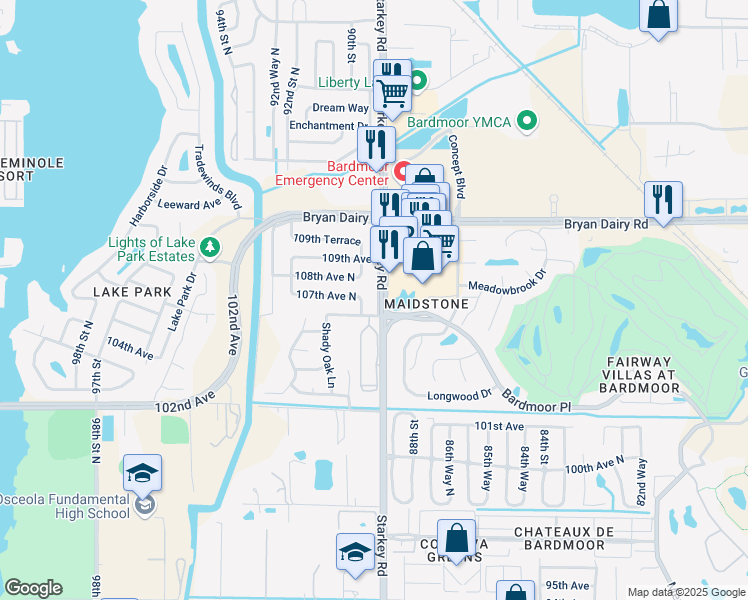 map of restaurants, bars, coffee shops, grocery stores, and more near 10772 Starkey Road in Seminole