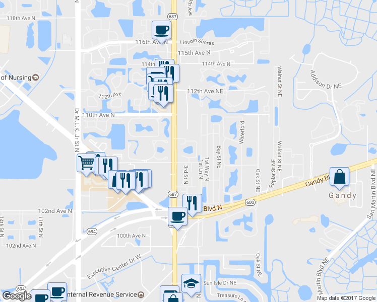 map of restaurants, bars, coffee shops, grocery stores, and more near 10795 4th Street North in St. Petersburg