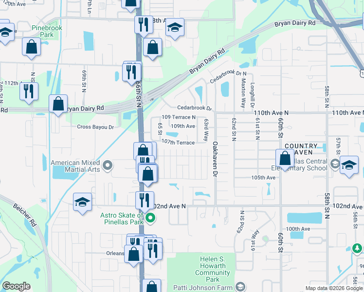 map of restaurants, bars, coffee shops, grocery stores, and more near 10784 64th Court in Pinellas Park