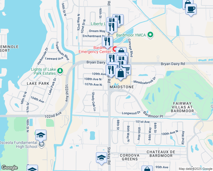 map of restaurants, bars, coffee shops, grocery stores, and more near 10772 Starkey Road in Seminole
