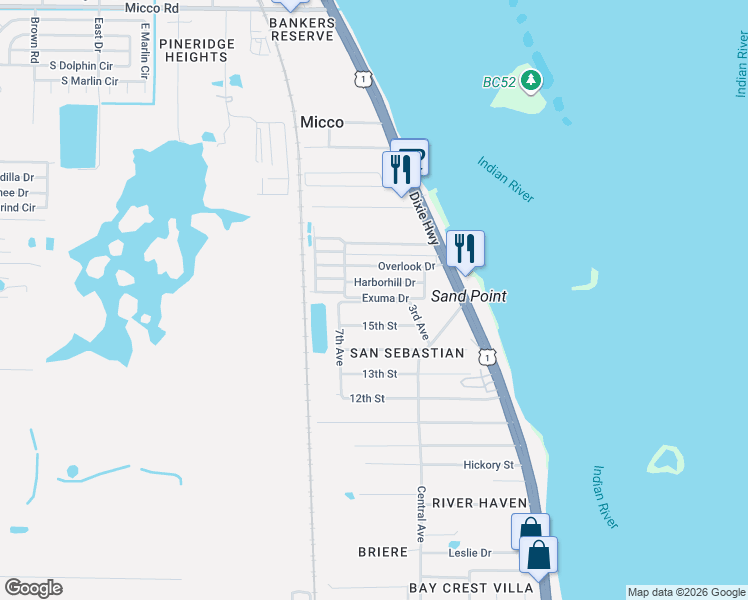 map of restaurants, bars, coffee shops, grocery stores, and more near 111 Harborhill Drive in Micco