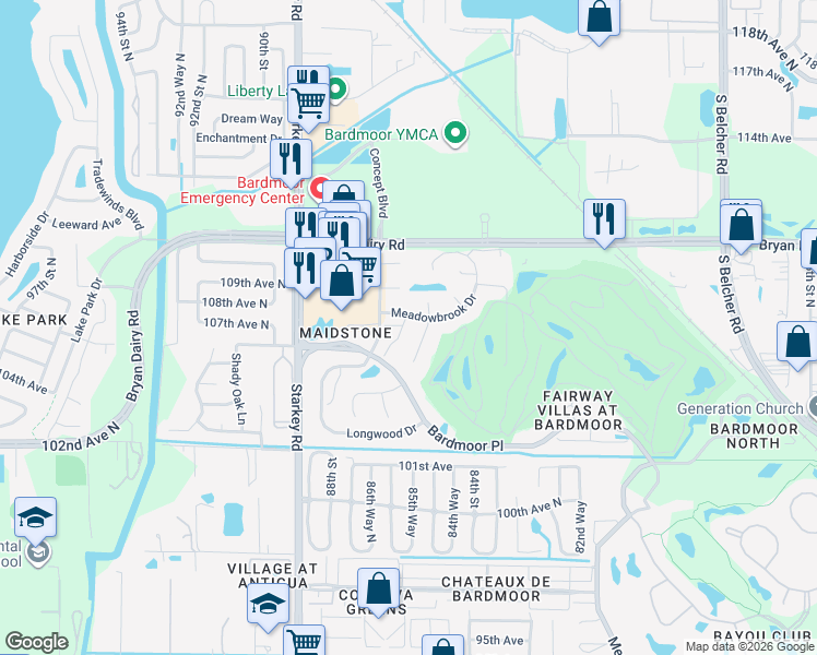 map of restaurants, bars, coffee shops, grocery stores, and more near 8601 Meadowbrook Drive in Seminole