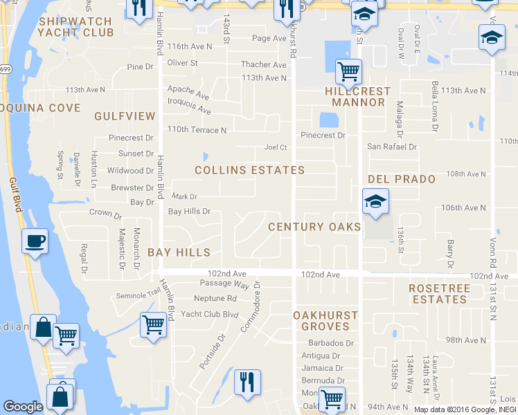 map of restaurants, bars, coffee shops, grocery stores, and more near 14200 Mark Drive in Largo