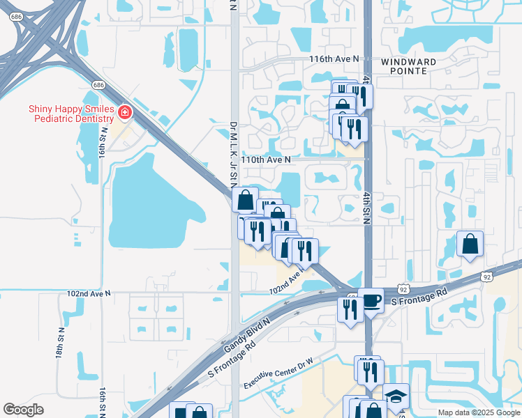 map of restaurants, bars, coffee shops, grocery stores, and more near 875 South Village Drive in St. Petersburg