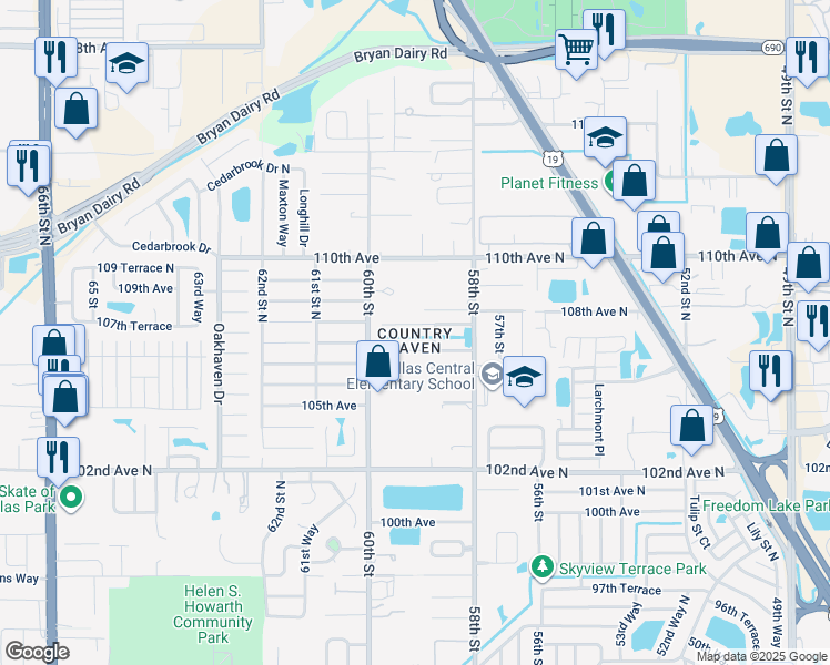 map of restaurants, bars, coffee shops, grocery stores, and more near 5885 107th Terrace North in Pinellas Park