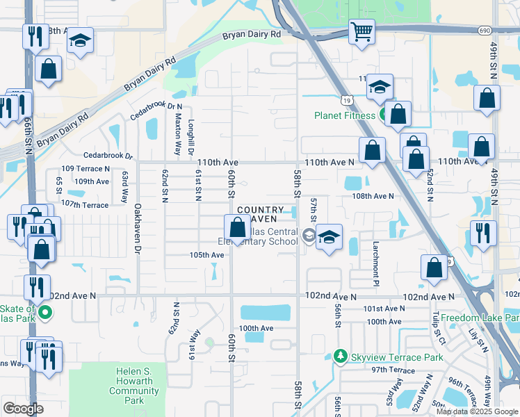 map of restaurants, bars, coffee shops, grocery stores, and more near 5885 107th Terrace North in Pinellas Park