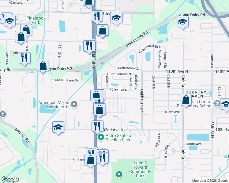 map of restaurants, bars, coffee shops, grocery stores, and more near 6483 107th Terrace in Pinellas Park