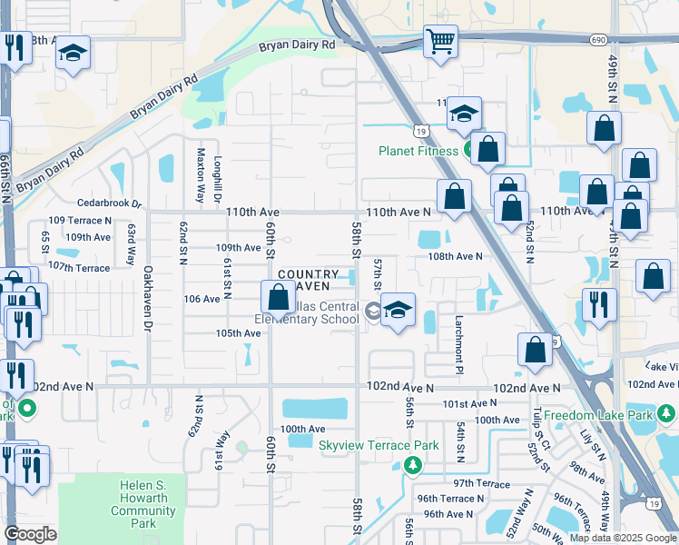 map of restaurants, bars, coffee shops, grocery stores, and more near 5830 107th Terrace North in Pinellas Park