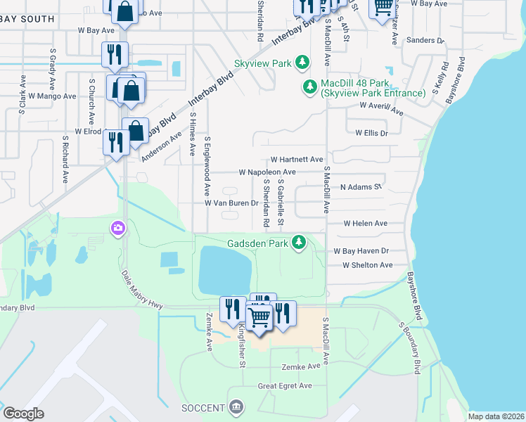 map of restaurants, bars, coffee shops, grocery stores, and more near 6726 South Dauphin Avenue in Tampa