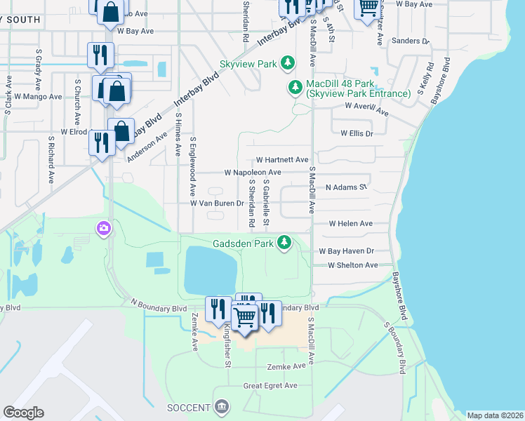 map of restaurants, bars, coffee shops, grocery stores, and more near 6713 South Gabrielle Street in Tampa