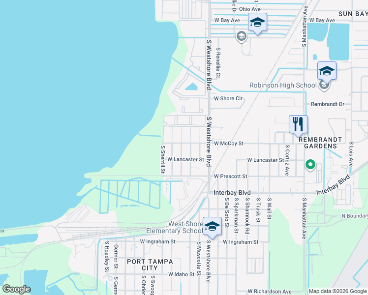 map of restaurants, bars, coffee shops, grocery stores, and more near 6614 South Kissimmee Street in Tampa