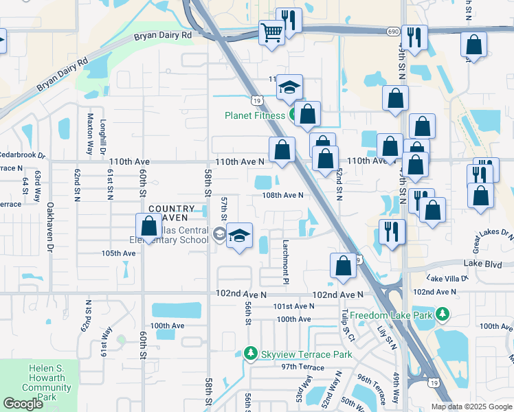 map of restaurants, bars, coffee shops, grocery stores, and more near 10800 U.S. 19 in Pinellas Park