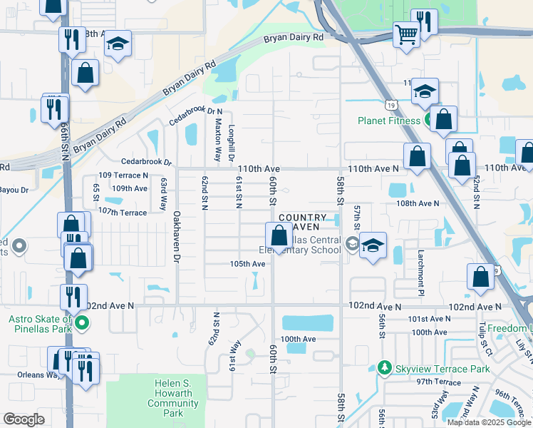 map of restaurants, bars, coffee shops, grocery stores, and more near 6047 108th Avenue North in Pinellas Park