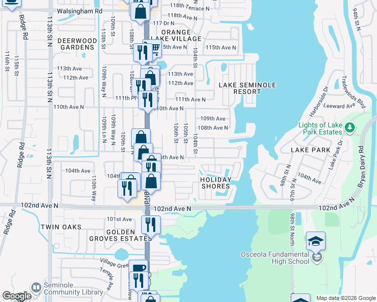 map of restaurants, bars, coffee shops, grocery stores, and more near 10627 105th Street in Largo