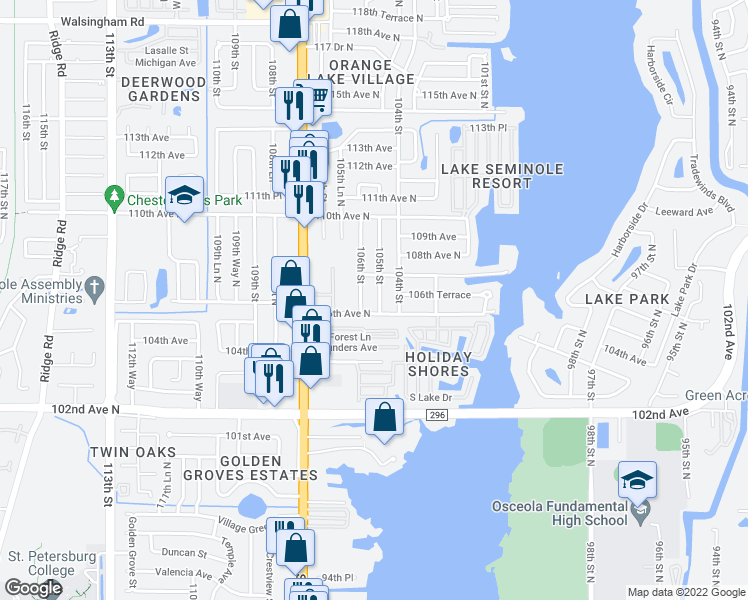 map of restaurants, bars, coffee shops, grocery stores, and more near 10630 105th Street in Largo
