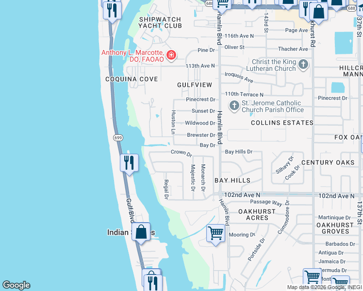 map of restaurants, bars, coffee shops, grocery stores, and more near 14788 Brewster Drive in Largo