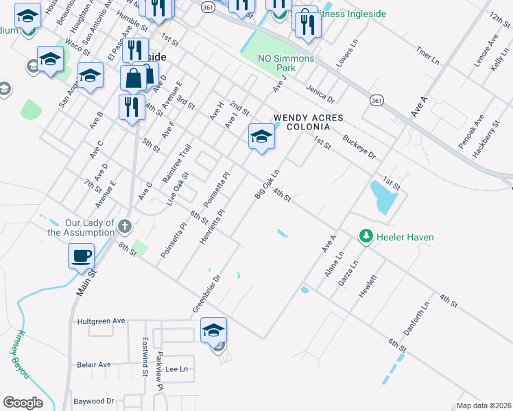 map of restaurants, bars, coffee shops, grocery stores, and more near 2610 Big Oak Lane in Ingleside