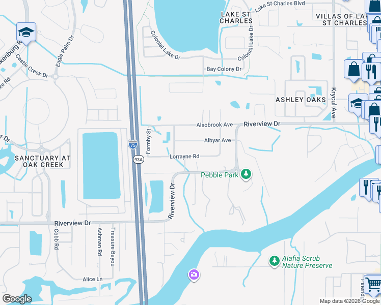 map of restaurants, bars, coffee shops, grocery stores, and more near 9919 Albyar Avenue in Riverview