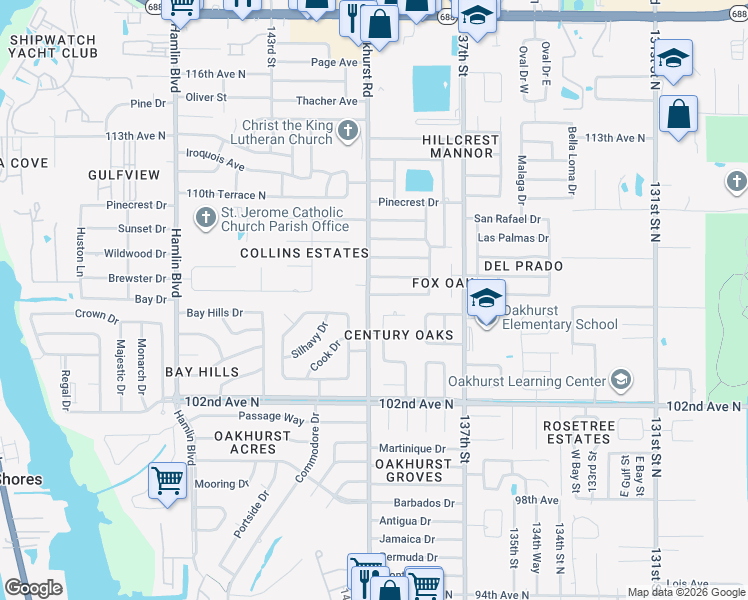 map of restaurants, bars, coffee shops, grocery stores, and more near 13945 106th Avenue North in Largo