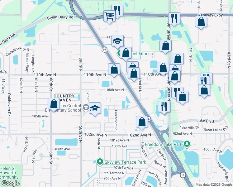 map of restaurants, bars, coffee shops, grocery stores, and more near 10770 US Highway 19 North in Pinellas Park