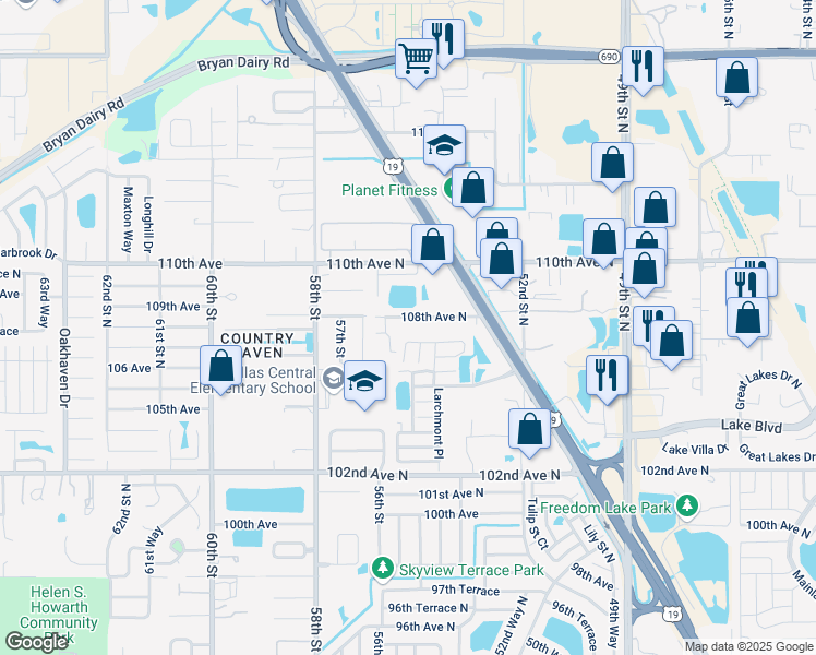 map of restaurants, bars, coffee shops, grocery stores, and more near 10800 US Highway 19 North in Pinellas Park