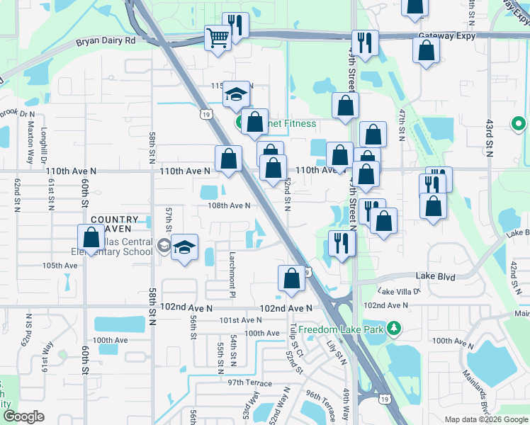 map of restaurants, bars, coffee shops, grocery stores, and more near 10700 US Highway 19 North in Pinellas Park