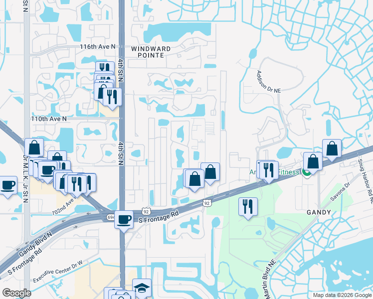 map of restaurants, bars, coffee shops, grocery stores, and more near 10265 Gandy Boulevard North in St. Petersburg
