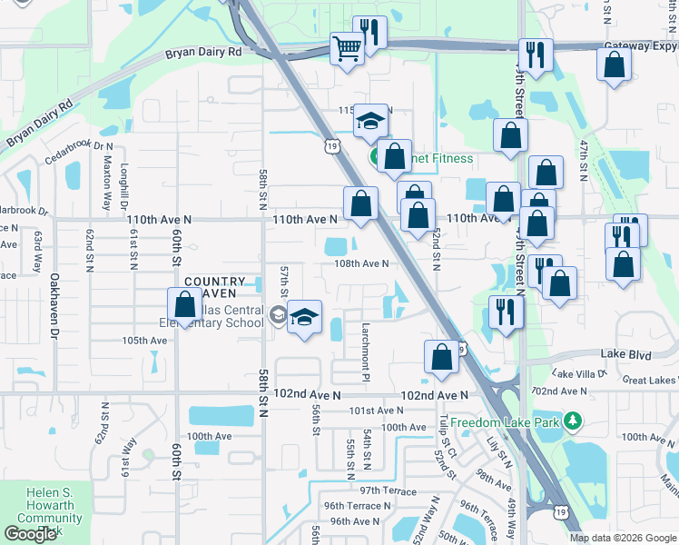 map of restaurants, bars, coffee shops, grocery stores, and more near 5501 108th Avenue North in Pinellas Park