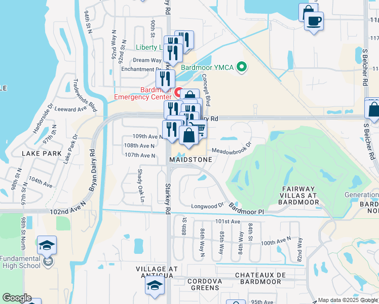map of restaurants, bars, coffee shops, grocery stores, and more near 10801 Starkey Road in Largo