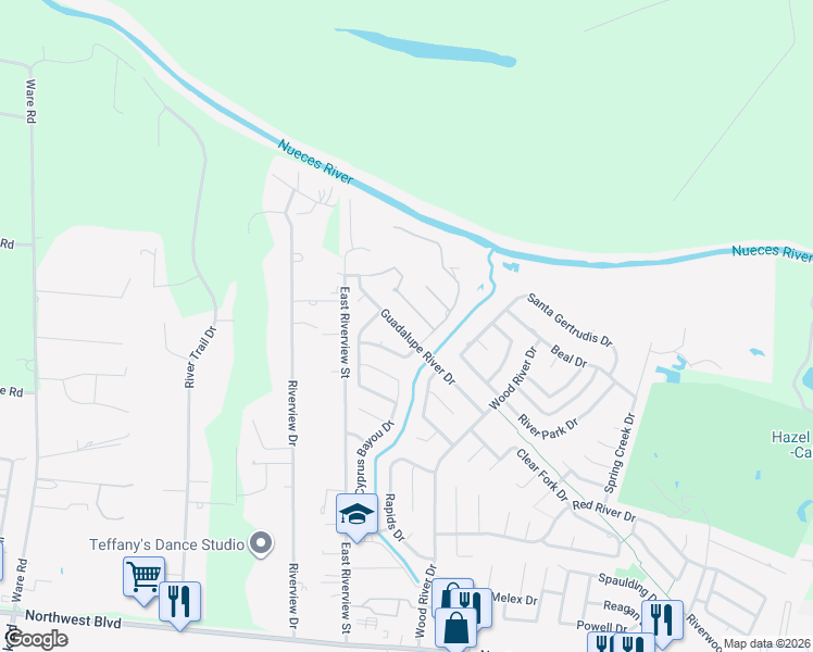 map of restaurants, bars, coffee shops, grocery stores, and more near 15322 Guadalupe River Drive in Corpus Christi