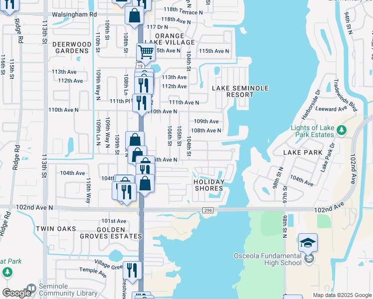 map of restaurants, bars, coffee shops, grocery stores, and more near 10652 104th Street in Largo
