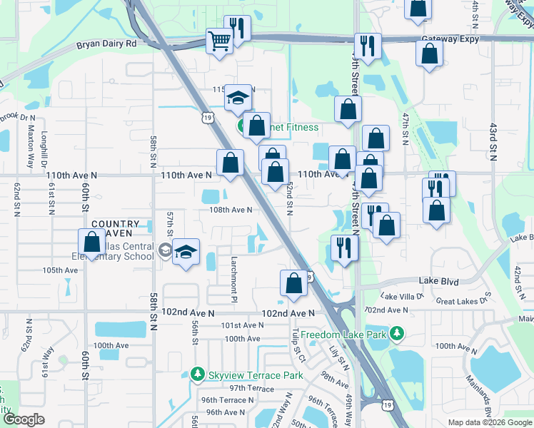 map of restaurants, bars, coffee shops, grocery stores, and more near 10815 U.S. 19 Frontage Road in Clearwater