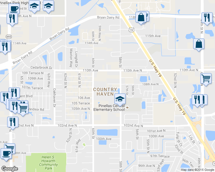 map of restaurants, bars, coffee shops, grocery stores, and more near 5885 107th Terrace North in Pinellas Park