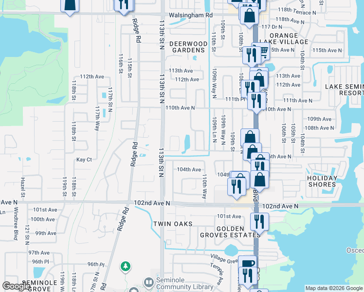 map of restaurants, bars, coffee shops, grocery stores, and more near 10634 Seminole Forest Street West in Seminole