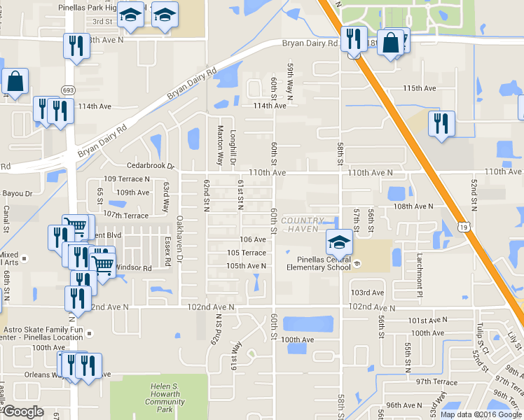 map of restaurants, bars, coffee shops, grocery stores, and more near 6047 108th Avenue North in Pinellas Park