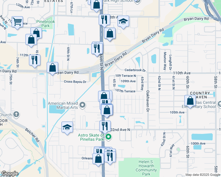 map of restaurants, bars, coffee shops, grocery stores, and more near 6519 107th Terrace in Pinellas Park