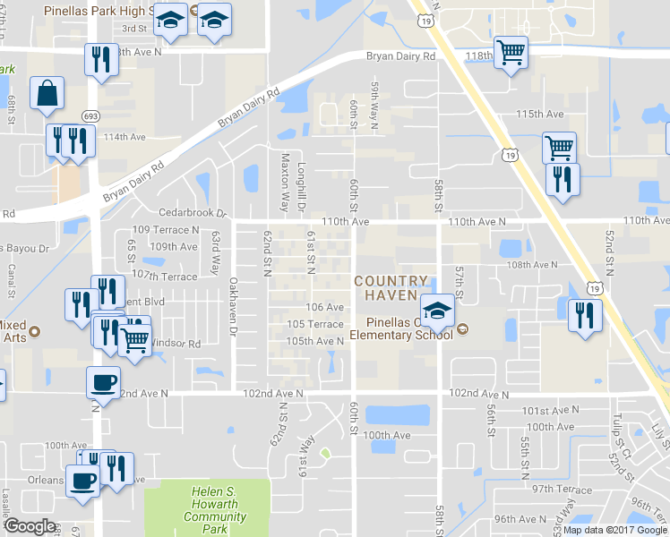 map of restaurants, bars, coffee shops, grocery stores, and more near 6047 108th Avenue North in Pinellas Park