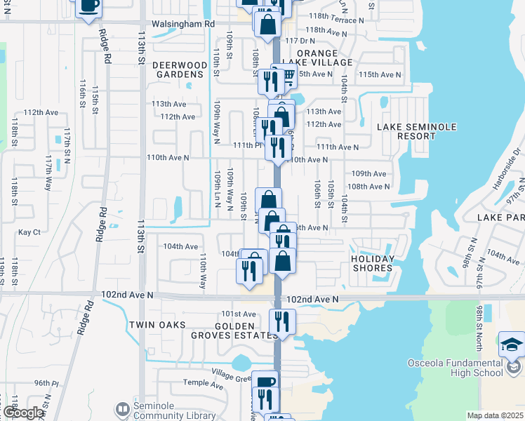 map of restaurants, bars, coffee shops, grocery stores, and more near 10659 108th Street North in Largo