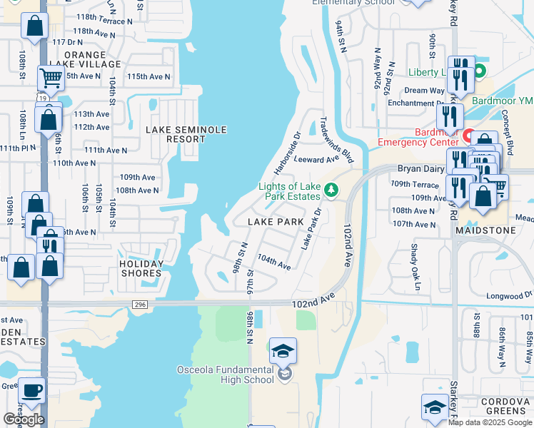map of restaurants, bars, coffee shops, grocery stores, and more near 10753 97th Street in Largo