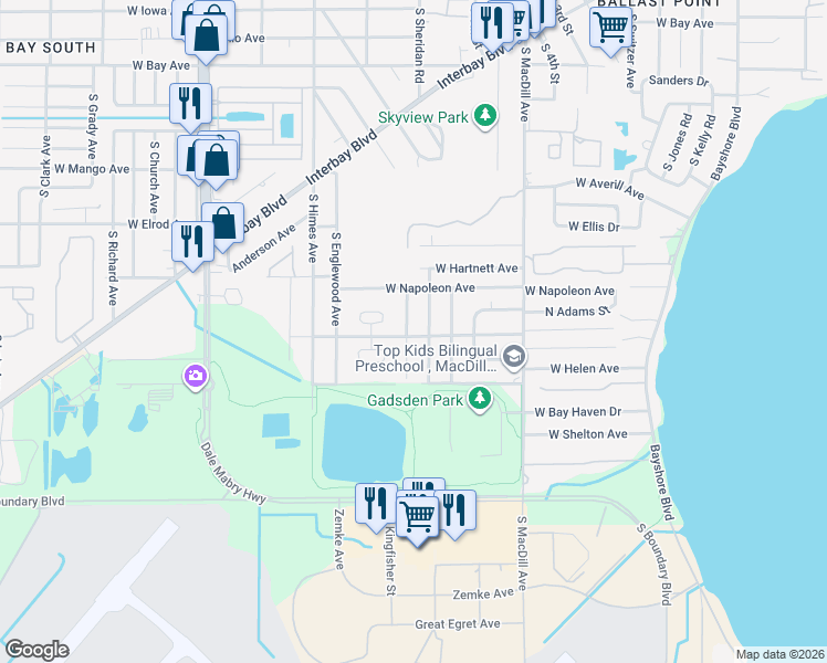 map of restaurants, bars, coffee shops, grocery stores, and more near 6726 South Dauphin Avenue in Tampa