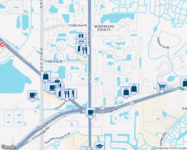 map of restaurants, bars, coffee shops, grocery stores, and more near 10795 4th Street North in Saint Petersburg