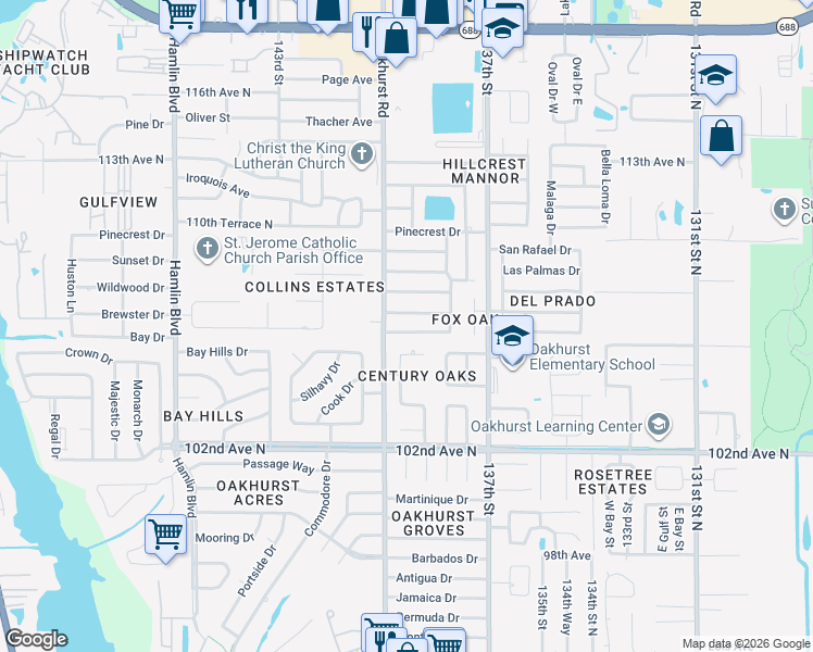 map of restaurants, bars, coffee shops, grocery stores, and more near 13945 106th Avenue North in Largo