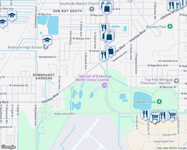 map of restaurants, bars, coffee shops, grocery stores, and more near 6910 Interbay Boulevard in Tampa