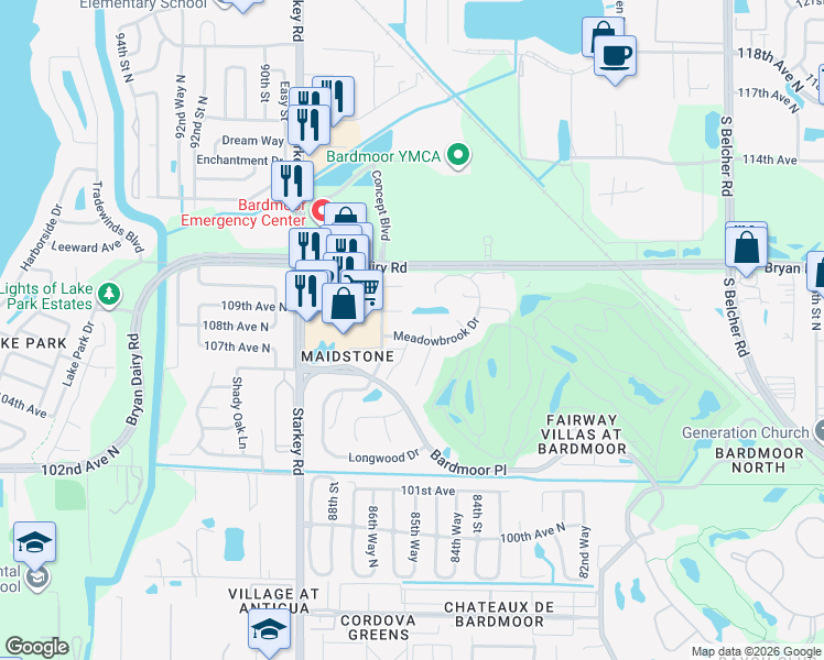 map of restaurants, bars, coffee shops, grocery stores, and more near 8601 Meadowbrook Drive in Seminole