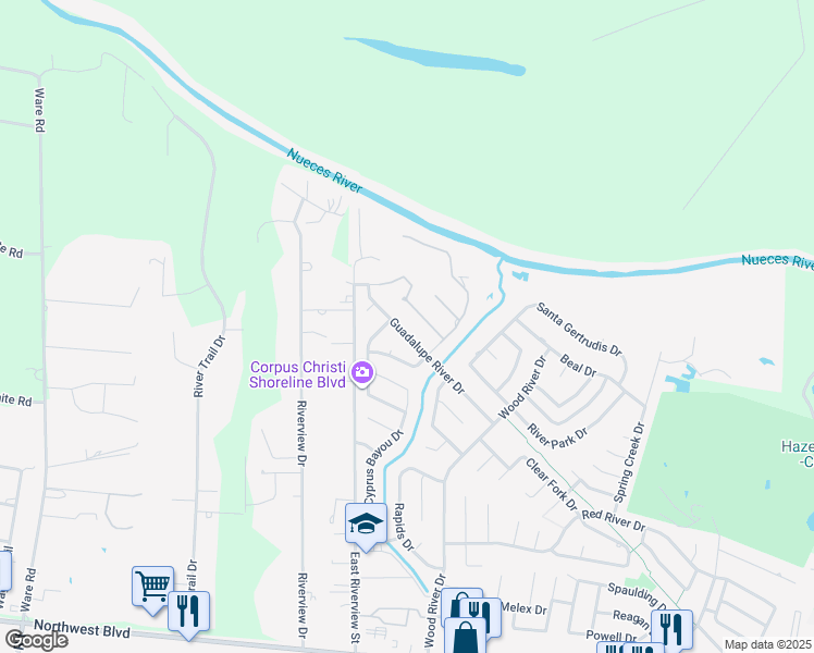 map of restaurants, bars, coffee shops, grocery stores, and more near 15322 Guadalupe River Drive in Corpus Christi