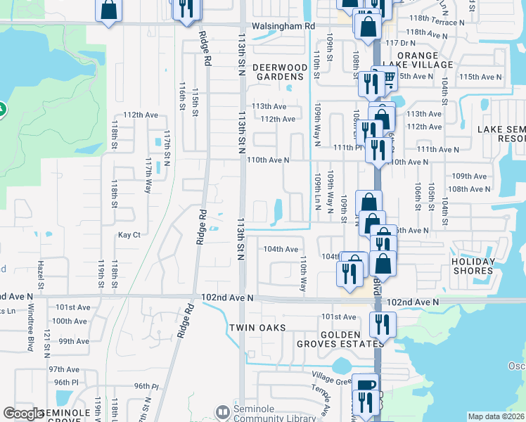 map of restaurants, bars, coffee shops, grocery stores, and more near 10634 Seminole Forest Street West in Seminole