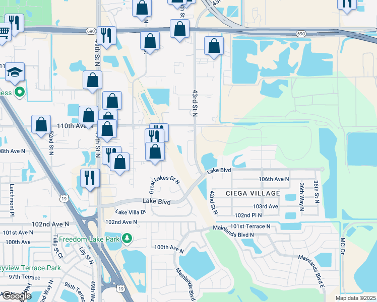 map of restaurants, bars, coffee shops, grocery stores, and more near 10780 43rd Street North in Clearwater