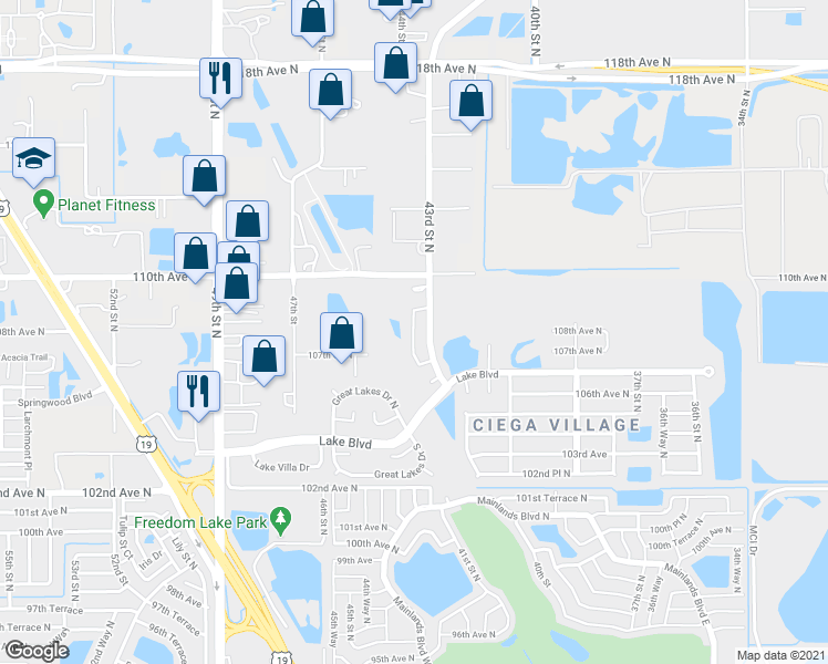 map of restaurants, bars, coffee shops, grocery stores, and more near 10780 43rd Street North in Clearwater